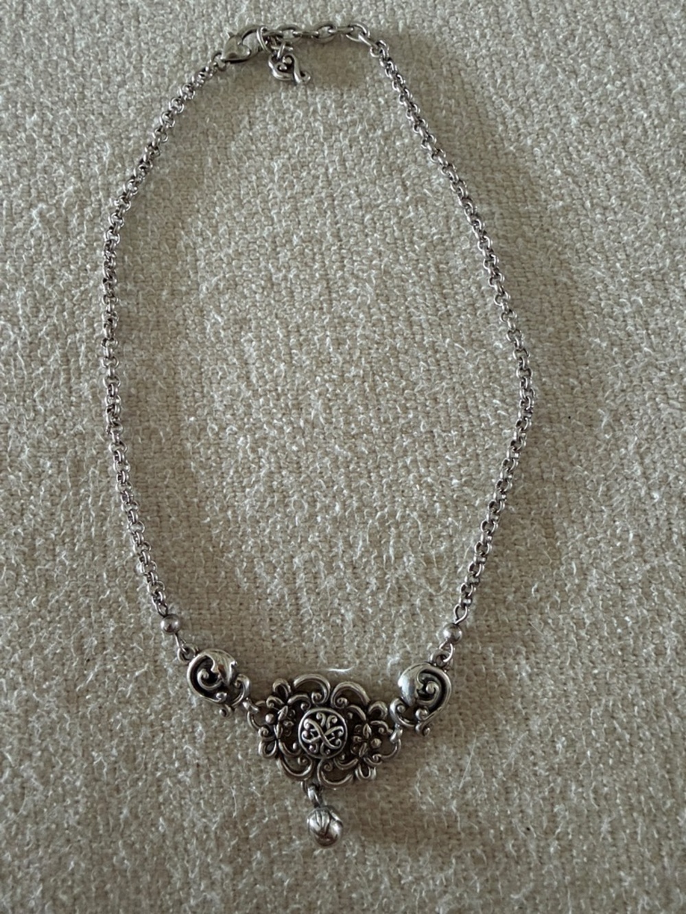 Brighton Silver Filigree Heart Drop Necklace - Silver with tin case